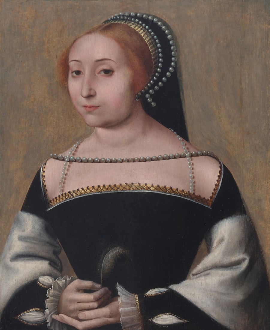 Circle of François Clouet (French, 1522-1572) Portrait of a lady holding a feather, probabl...: Circle of François Clouet (French, 1522-1572) Portrait of a lady holding a feather, probably Diane de Poitiers (1499-1566) oil on panel 15 3/8 x 12 1/2in (38.5 x 31.8cm); Framed: 20 1/2 x 17 3/4i