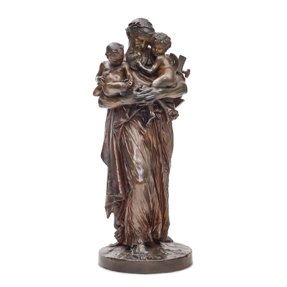 AFTER JEAN-LÉON GÉROME (FRENCH, 1824-1904): A PATINATED BRONZE FIGURAL GROUP OF A BEAR...: AFTER JEAN-LÉON GÉROME (FRENCH, 1824-1904): A PATINATED BRONZE FIGURAL GROUP OF A BEARDED WOMAN CARRYING TWO CHERUBS F. Barbedienne foundry, 20th century Signed and inscribed F. BARBEDIENNE,