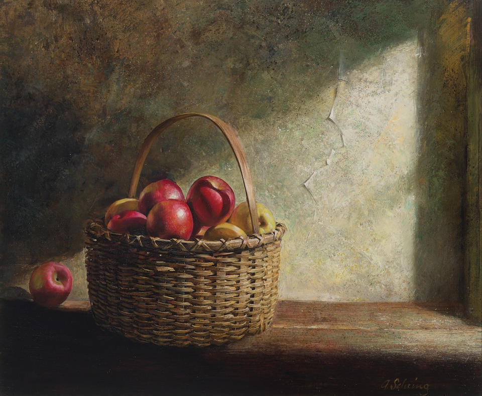 Adolf Sehring (American, 1930-2015) A still life of a woven basket filled with apples 20 x 24in ... (1 of 2)