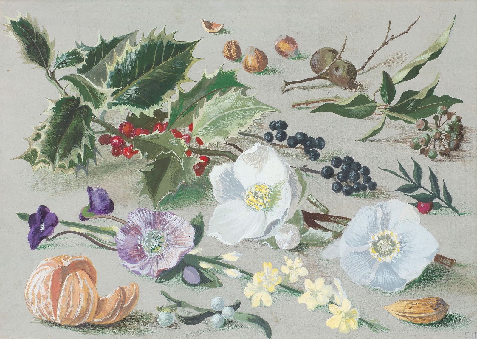 Eliot Hodgkin (British, 1905-1987) Christmas Card 17.5 x 24.5 cm. (6 7/8 x 9 5/8 in.) image; 21....: Eliot Hodgkin (British, 1905-1987) Christmas Card signed with initials 'EH' (lower right) gouache, crayon and pencil on paper 17.5 x 24.5 cm. (6 7/8 x 9 5/8 in.) image; 21.2 x 28.5 cm. (8 3/8 x 11 1/4