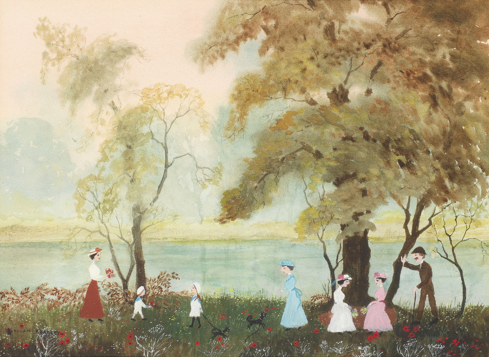 Helen Bradley (British, 1900-1979) Often through the holidays we drove over with Grandpa to the ...: Helen Bradley (British, 1900-1979) Often through the holidays we drove over with Grandpa to the farm at St Michaels signed 'HELEN BRADLEY' and with fly insignia (lower left); further signed, inscribed