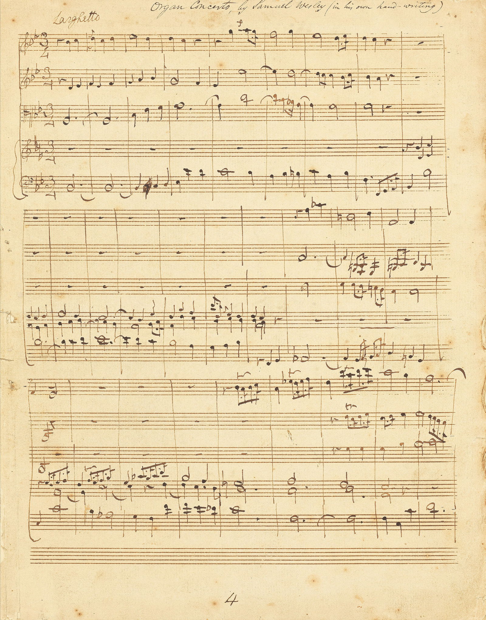 WESLEY (SAMUEL) Autograph manuscript musical score titled Concerto for the Organ in B flat on up...: WESLEY (SAMUEL) Autograph manuscript score titled Concerto for the Organ in B flat on upper cover, signed and dated ('Wesley/ 21 Feb. 1800'), inscribed at head 'Organ Concerto by Samuel Wesley (in his