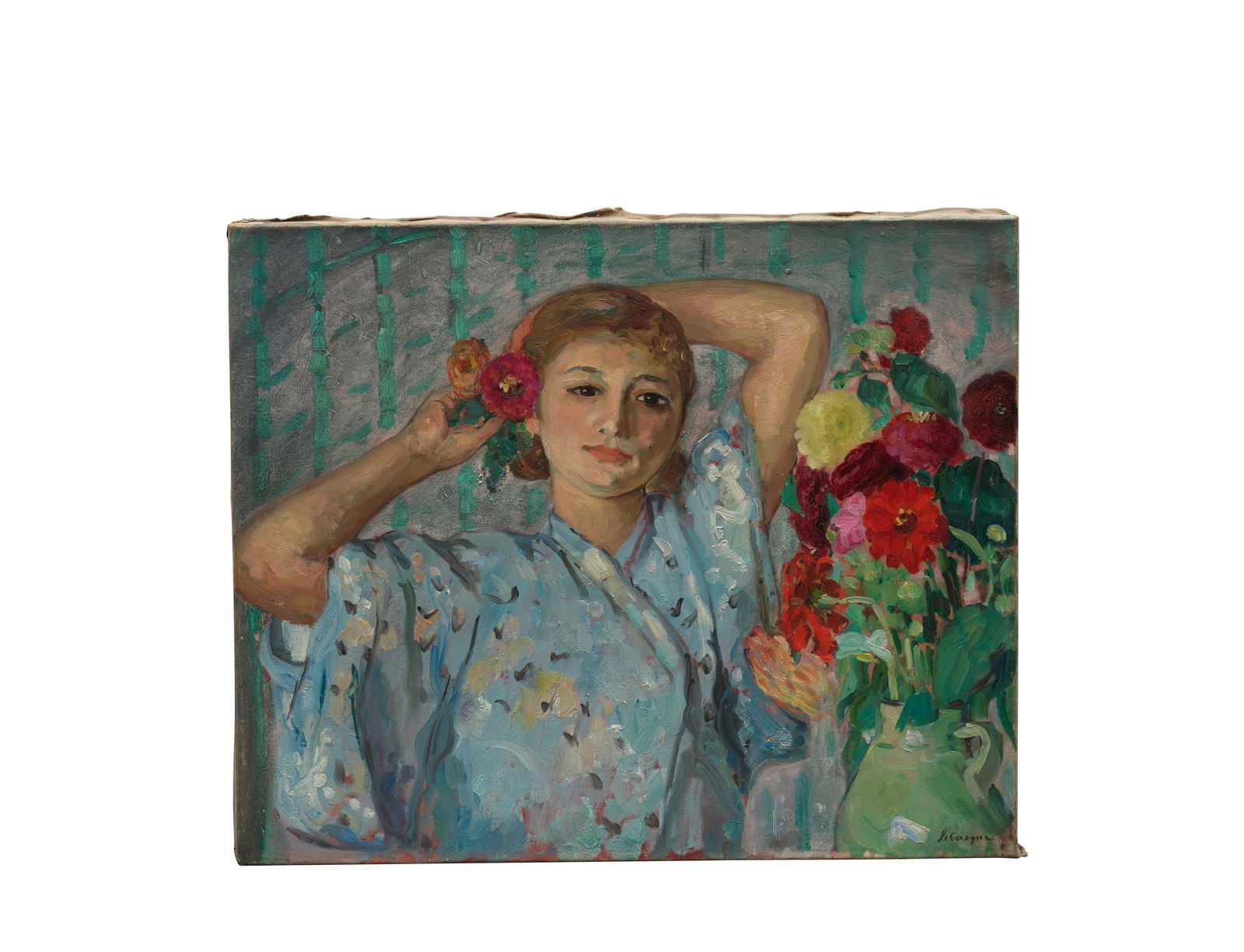 HENRI LEBASQUE (1865-1937) Jeune femme aux fleurs 19 11/16 x 24 in (50 x 61 cm) (Painted circa 1...: HENRI LEBASQUE (1865-1937) Jeune femme aux fleurs signed 'Lebasque' (lower right) oil on canvas 19 11/16 x 24 in (50 x 61 cm) Painted circa 1915 Footnotes: Provenance Sale: Loudmer S