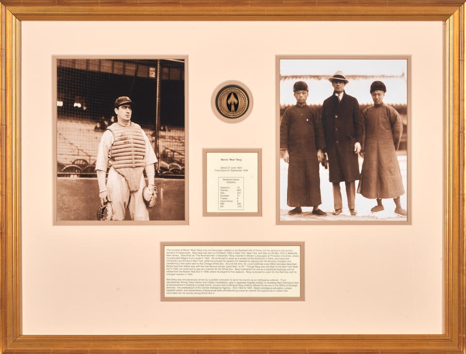 Moe Berg Photo and Stats Display: Moe Berg Photo and Stats Display including note about his life and medal from his service, 71cm wide, 53cm high (28in wide, 21in high). Footnotes: Note Moe Berg is a shadowy figure in baseball history