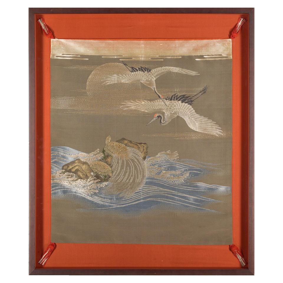 A SILK 'CRANES AND MINOGAME' FUKUSA Japan, Taisho era (1912-1926), early 20th century (1 of 1)