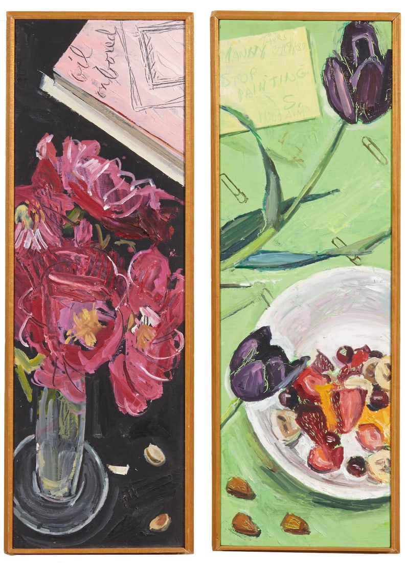 Manny Farber (American, 1917-2008) Manny, Stop Painting, 1987; Oil on Board, 1987 (2) each 17 3/...: Manny Farber (American, 1917-2008) Manny, Stop Painting, 1987; Oil on Board, 1987 (2) each unsigned each oil on board in artist's frame each 17 3/4 x 5 3/4in. Footnotes: PROVENANCE: Krygier/Landau Con