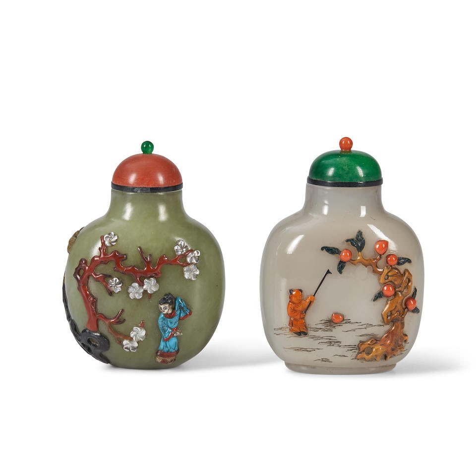 TWO EMBELLISHED STONE SNUFF BOTTLES 20th century (2) (1 of 2)