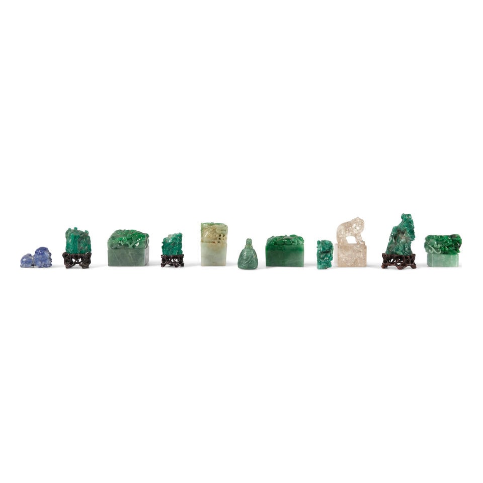 ELEVEN JADEITE, HARDSTONE, AND CRYSTAL CARVED ORNAMENTS 20th century (11) (1 of 2)