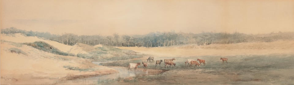 Christian Jorgensen (1860-1935) Cattle Grazing sight 8 1/2 x 30 1/2 in. framed 14 1/2 x 36 in. (1 of 2)