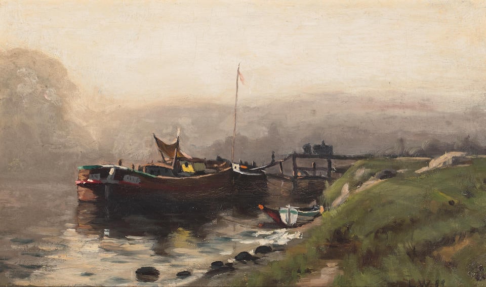 Ludmilla Pilat Welch (1867-1925) Barge and Pier 7 1/2 x 12 1/2 in. framed 13 1/2 x 18 1/2 in. (1 of 3)