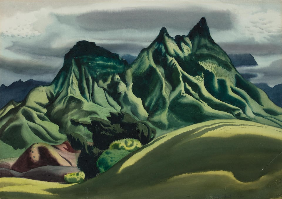 Millard Sheets (1907-1989) Hawaiian Mountains (Oahu) sheet 16 x 22 3/4 in. unframed: Millard Sheets (1907-1989) Hawaiian Mountains (Oahu) signed and dated 'Millard Sheers 1935' (lower right) and inscribed 'Olomana -From Waimanalo-' (on the reverse) watercolor on paper sheet 16 x 22 3/