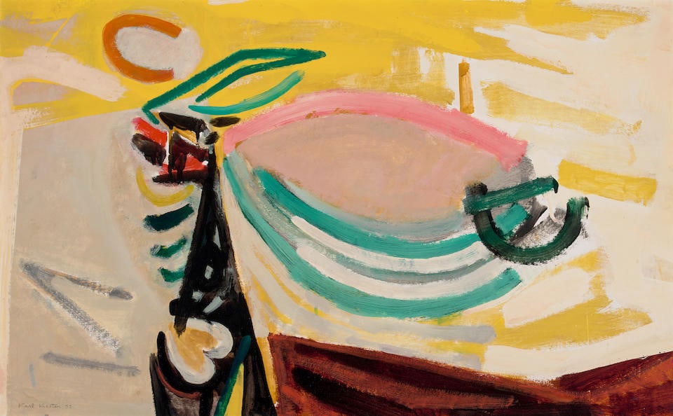 Karl Kasten (1916-2010) Yellow Seas 23 1/2 x 38 in. framed 29 x 43 1/2 in.: Karl Kasten (1916-2010) Yellow Seas signed and dated 'Karl Kasten 52' and titled on an exhibition label (on the reverse) lacquer on board 23 1/2 x 38 in. framed 29 x 43 1/2 in. Footnotes: Provenance P