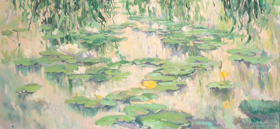 Maria Del Carmen Calvo (1937-2019) Waterlilies 20 x 42 in. framed 22 x 44 in.: Maria Del Carmen Calvo (1937-2019) Waterlilies signed and dated 'M Del Carmen Calvo / 81' (lower right) oil on canvas 20 x 42 in. framed 22 x 44 in. For further information on this lot please visit Bo