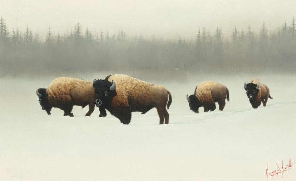 George Dee Smith (born 1944) The Nomads 10 x 16 in. framed 16 1/2 x 22 1/2 in.: George Dee Smith (born 1944) The Nomads signed 'George D. Smith' (lower right), signed again, titled and dated 'Painted in 1999' (on the reverse) oil on Masonite 10 x 16 in. framed 16 1/2 x 22 1/2 in.