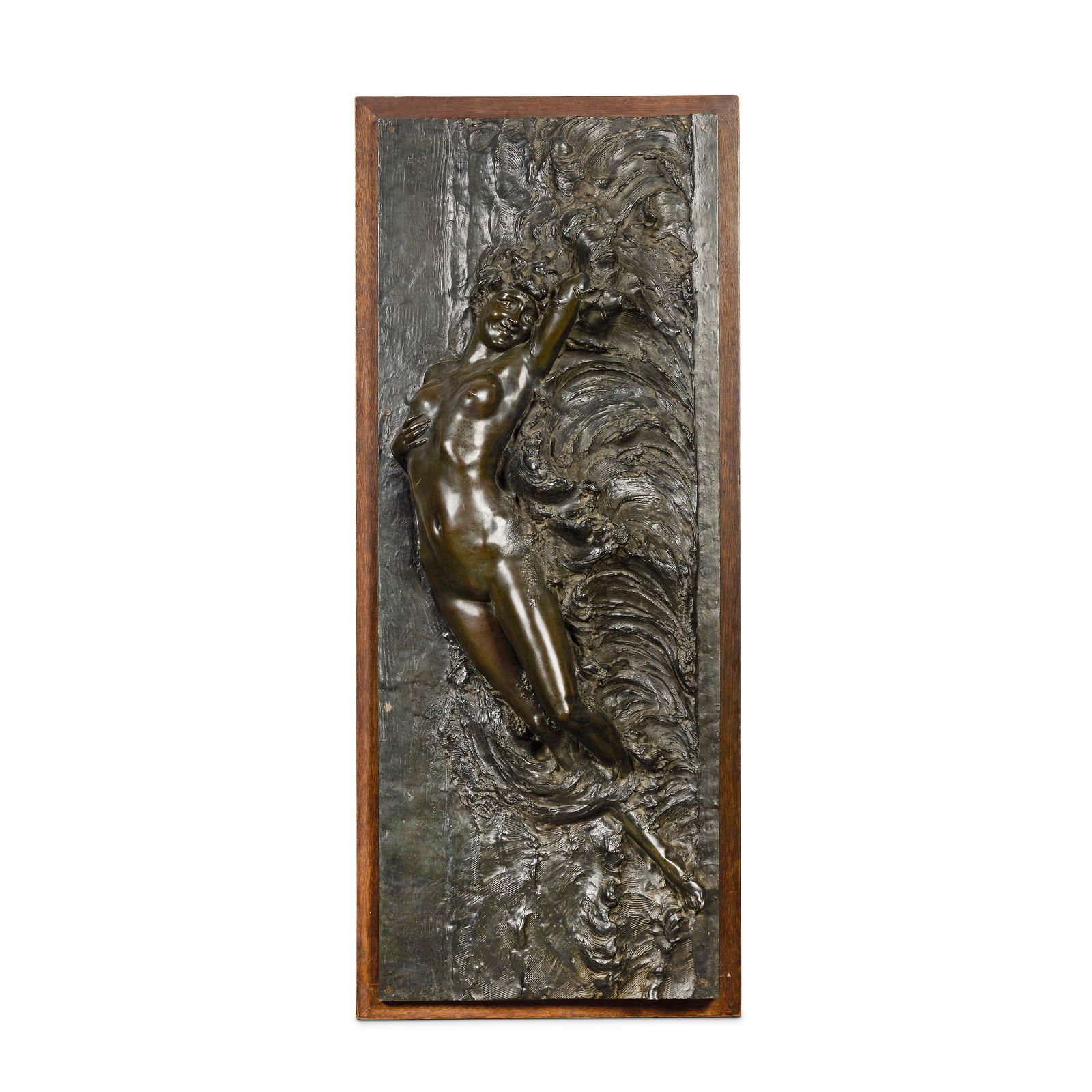 Paul Philippe (French, 1870-1930): A patinated bronze figural relief plaque depicting a water nymph: Paul Philippe (French, 1870-1930): A patinated bronze figural relief plaque depicting a water nymph The enraptured sinuous nude maiden emerging from foaming waves and spume, her right hand clutching h
