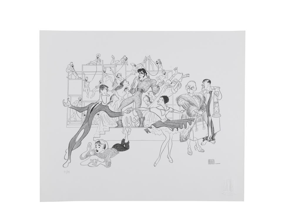 A Bye Bye Birdie Lithograph by Al Hirschfeld: A Bye Bye Birdie Lithograph by Al Hirschfeld Lithograph on paper, 457 x 380 mm, signed and numbered 11/15 with raised authentication mark, 1960. Includes certificate of authenticity from Al Hirschfeld