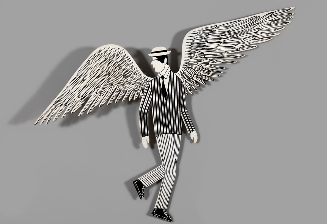 YANNIS GAITIS (1923-1984) Ange: YANNIS GAITIS (1923-1984) Ange signé indistinctement 'Gaitis' au bout de l'aile gauche construction en bois peint 73 x 108 cm. (28 3/4 x 42 1/2in.) signed indistinctly 'Gaitis' at the end of the