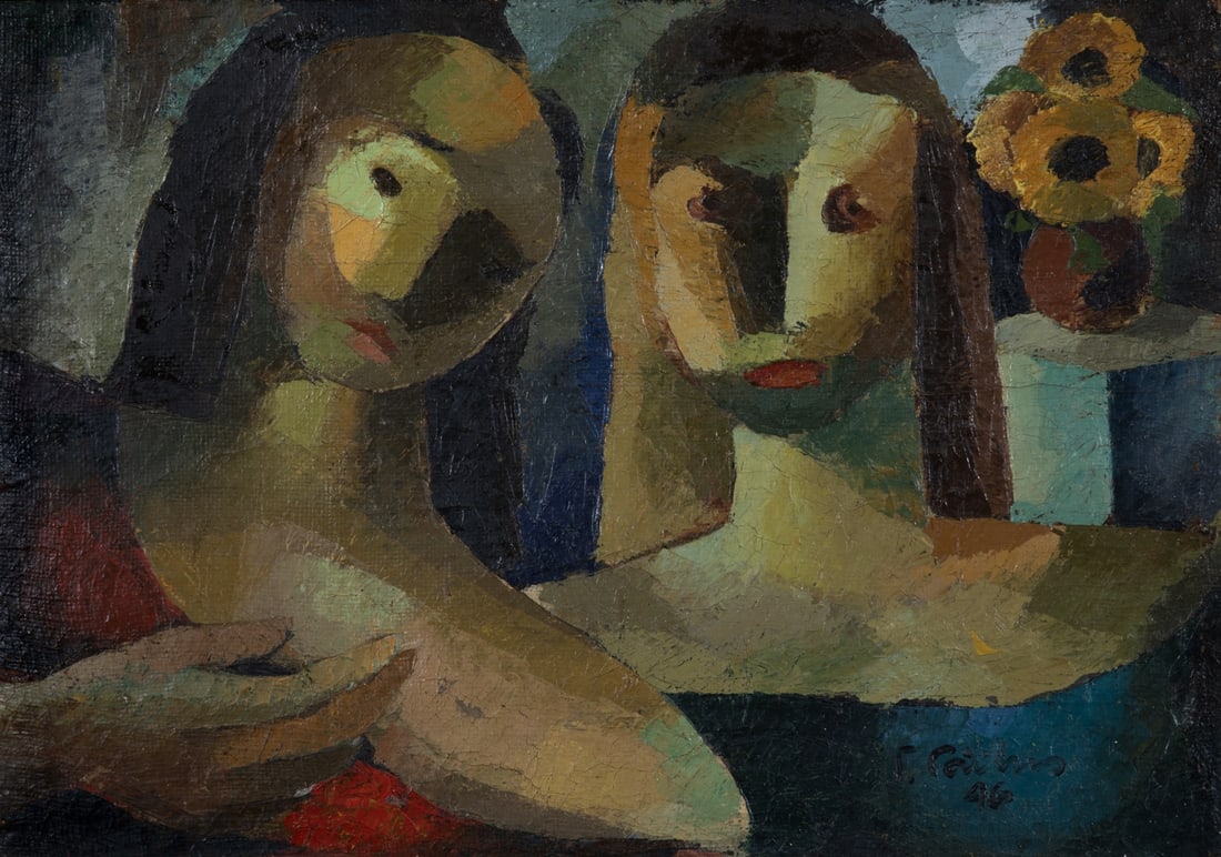 YANNIS GAITIS (1923-1984) Deux femmes et fleurs jaunes: YANNIS GAITIS (1923-1984) Deux femmes et fleurs jaunes signé en grec et daté '46' en bas à droite huile sur toile 44 x 63,5 cm. (16 15/16 x 24 5/8in.) Peint en 1946. signed in Greek and