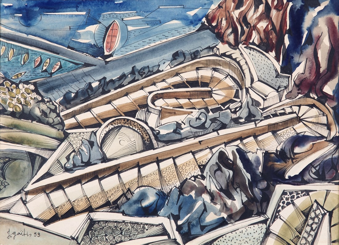 YANNIS GAITIS (1923-1984) Santorin: YANNIS GAITIS (1923-1984) Santorin signé et daté 'j. gaitis 53' en bas à gauche aquarelle et encre sur papier 25 x 34 cm. (9 7/16 x 13 3/8in.) Peint en 1953. signed and dated 'j. gaitis
