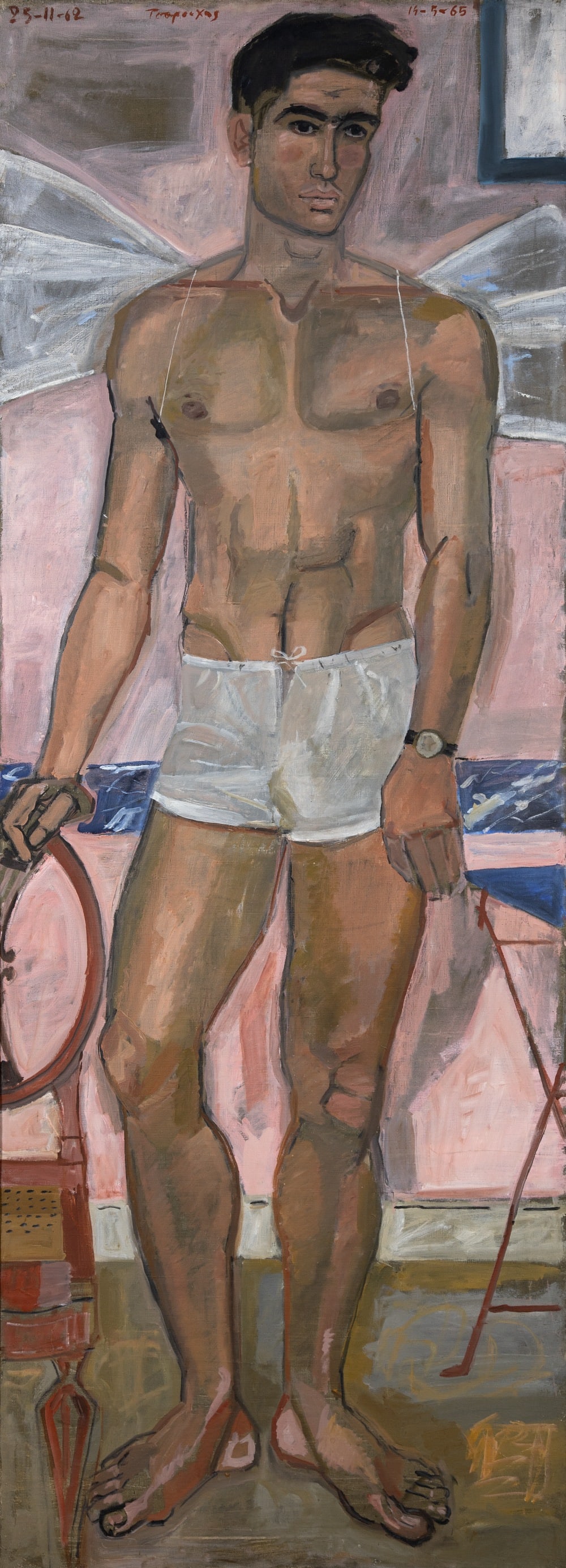 YANNIS TSAROUCHIS (1910-1989) Jeune homme posant comme Eros avec une chaise anglaise: YANNIS TSAROUCHIS (1910-1989) Jeune homme posant comme Eros avec une chaise anglaise signé en grec et daté '25-11-62 14-5-65' en haut huile sur toile 190 x 70 cm. (74 13/16 x 27 9/16in.) Pei