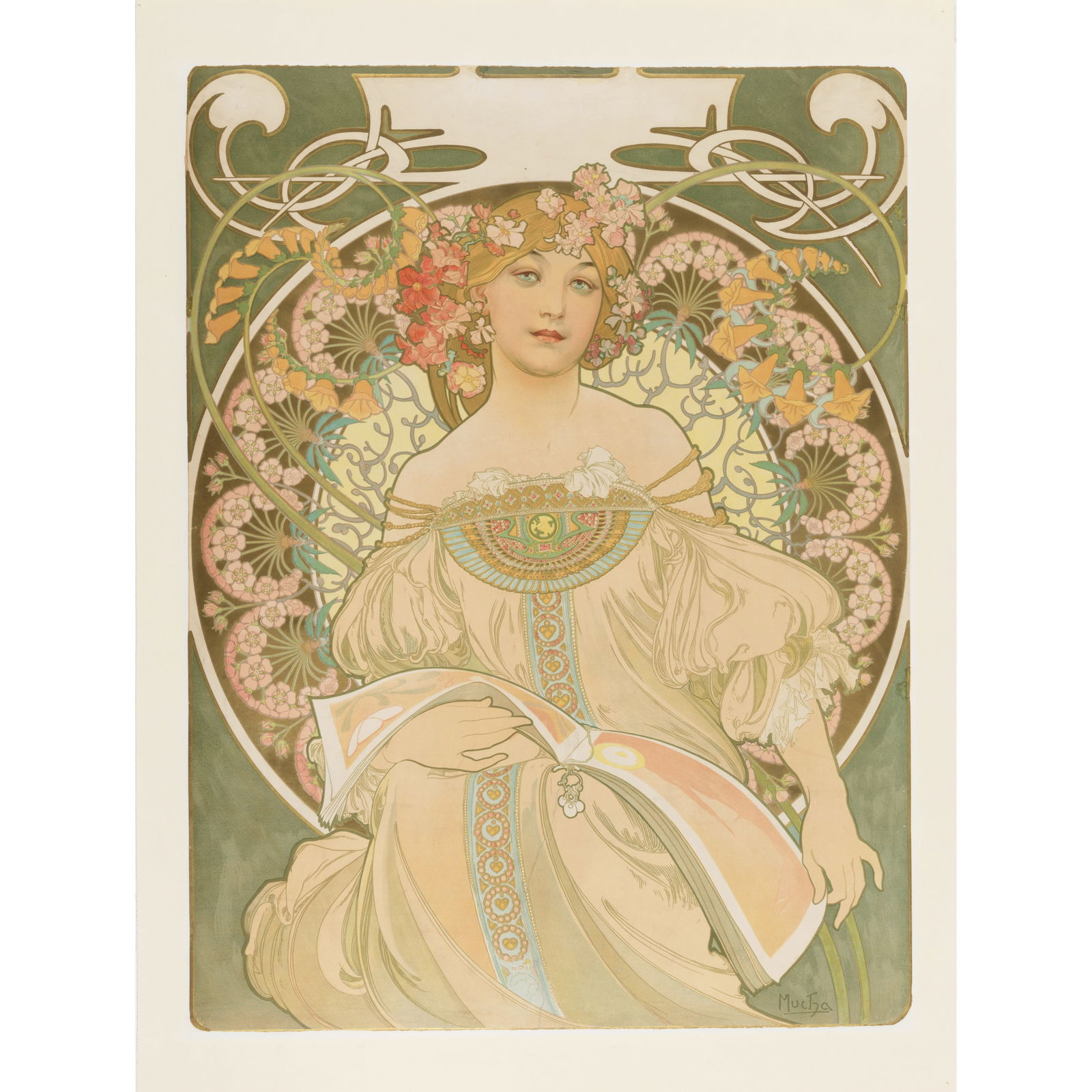 Alphonse Mucha (1860-1939); Reverie;: Alphonse Mucha (1860-1939) Reverie (Rennert/Weill 39, Var. 2), 1898 Lithograph in colors on wove paper linen-backed, signed in the stone, printed by Imp. F. Champenois, Paris, with margins trimmed to