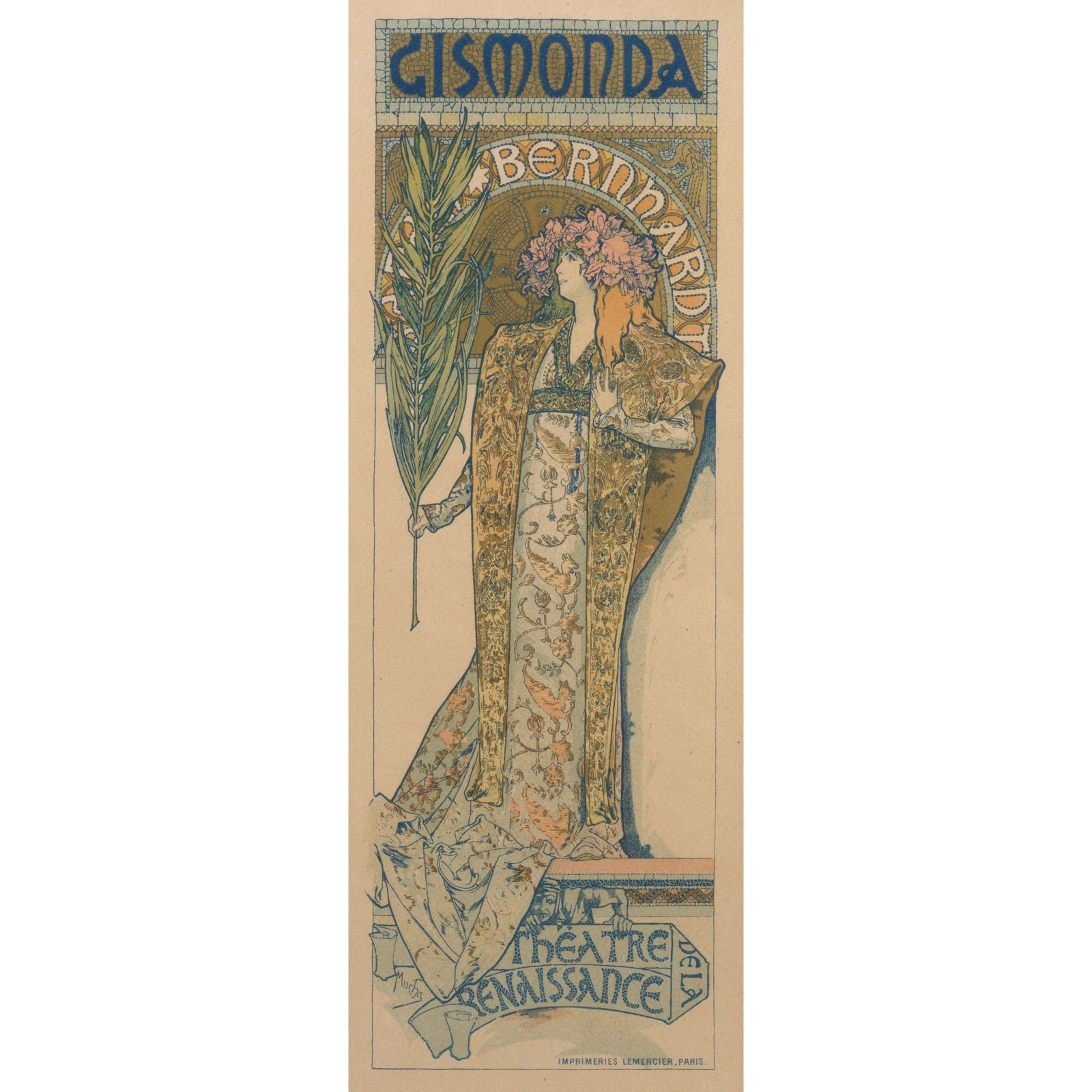 Alphonse Mucha (1860-1939); Gismonda, from Les Maîtres de L'Affiche;: Alphonse Mucha (1860-1939) Gismonda, from Les Maîtres de L'Affiche, 1896 Lithograph in colors on wove paper, with the blindstamp of the printer, Chaix, Paris, with margins, framed. 13 x 4 3/8in (