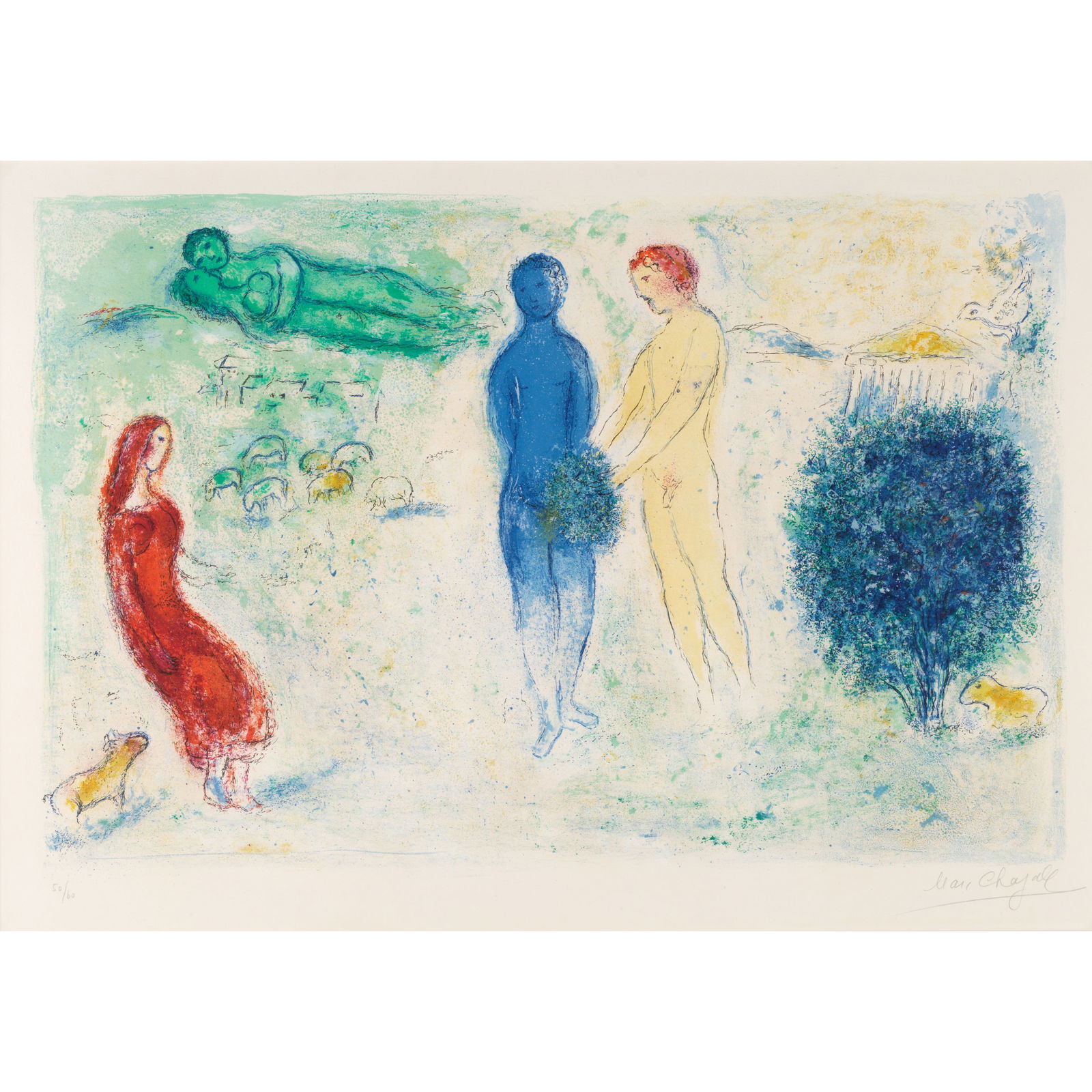 Marc Chagall (1887-1985); Le Jugement de Chloé, (Chloe's Judgement), from Daphnis et Chlo&#...: Marc Chagall (1887-1985) Le Jugement de Chloé, (Chloe's Judgement), from Daphnis et Chloé (Mourlot 315; Cramer bk. 46), 1961 Lithograph in colors on Arches paper, signed in pencil and number