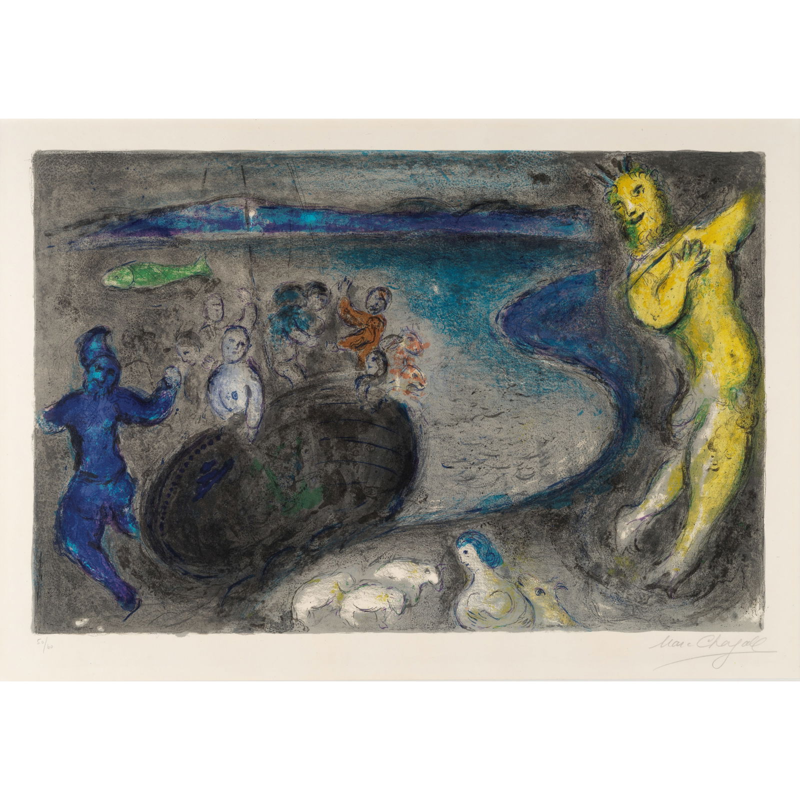 Marc Chagall (1887-1985); Le Songe du Capitaine Bryaxis (Captain Bryaxis's Dream), from Daphnis ...: Marc Chagall (1887-1985) Le Songe du Capitaine Bryaxis (Captain Bryaxis's Dream), from Daphnis et Chloé (Mourlot 238; Cramer bk. 46), 1961 Lithograph in colors on Arches paper, signed in pencil a