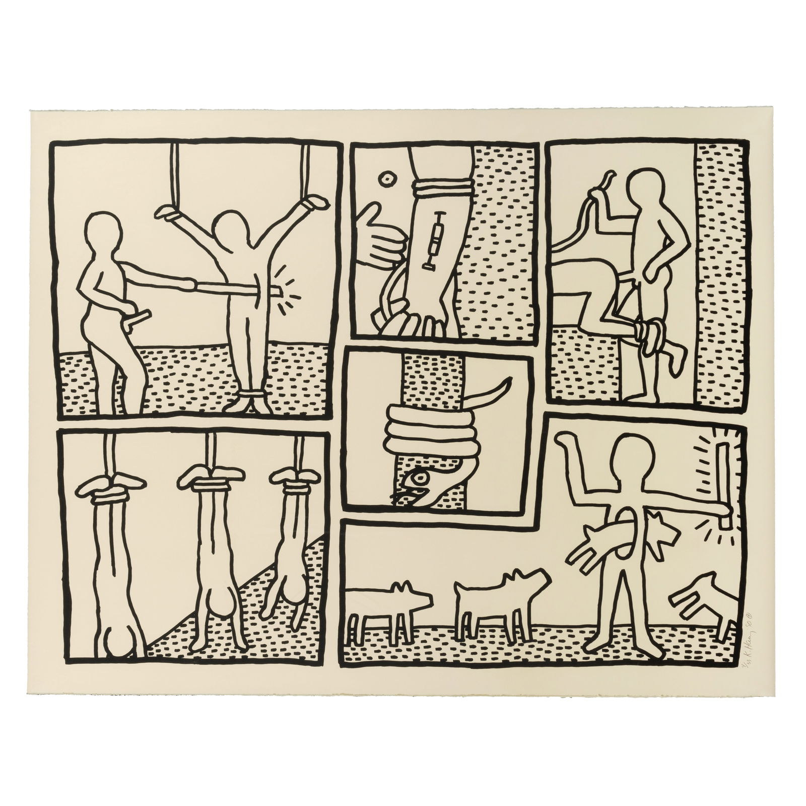 Keith Haring (1958-1990); Untitled (Plate 5), from The Blueprint Drawings;: Keith Haring (1958-1990) Untitled (Plate 5), from The Blueprint Drawings (Littmann p. 177), 1990 Screenprint on wove paper, signed in pencil, dated and numbered 4/33 (there were also 5 artist's proofs