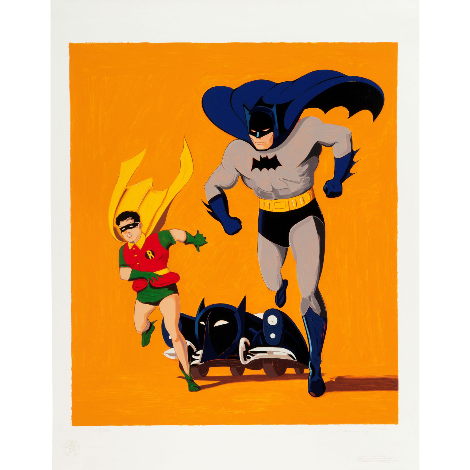 Mel Ramos (1935-2018); Batman, Robin and Batmobile;: Mel Ramos (1935-2018) Batman, Robin and Batmobile, 1989 Screenprint in colors on wove paper, signed in pencil and numbered 69/100, with inkstamps of the artist's copyright and trademark of D.C. Comics
