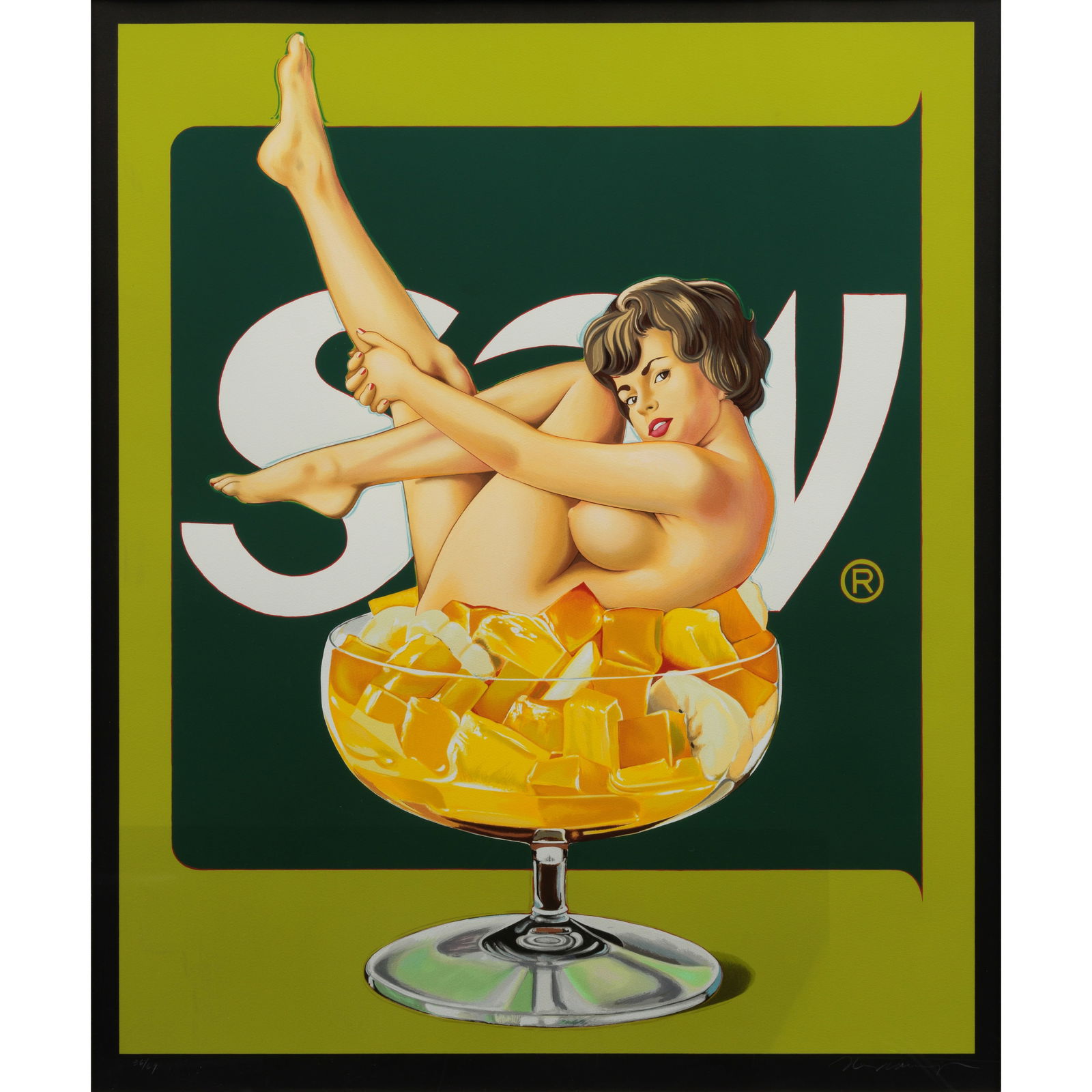 Mel Ramos (1935-2018); Miss Fruit Salad (Black);: Mel Ramos (1935-2018) Miss Fruit Salad (Black), 1990 Screenprint in colors on black wove paper, signed in white pencil and numbered 36/69, published by Robert Bane Editions, Beverly Hills, California,