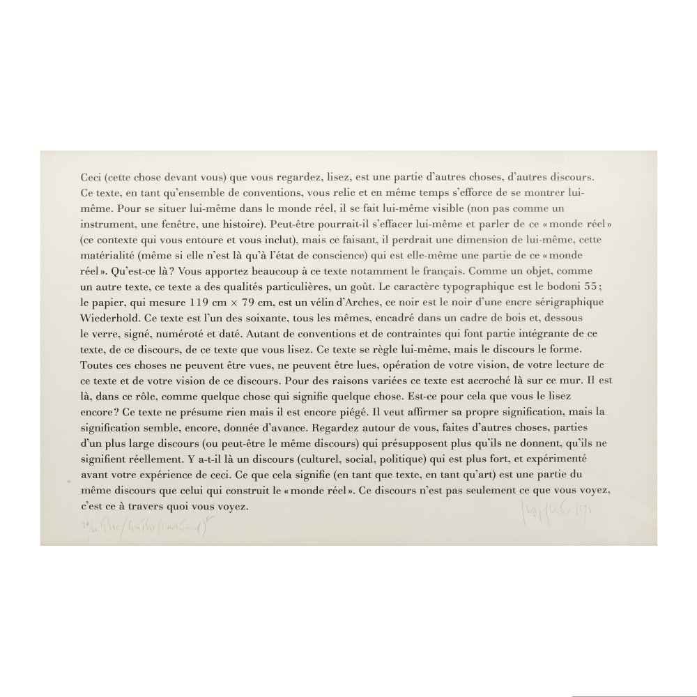 JOSEPH KOSUTH (NE EN 1941) Text/Context (Conventional), 1978 Sérigraphie en noir sur v...: JOSEPH KOSUTH (NE EN 1941) Text/Context (Conventional), 1978 Sérigraphie en noir sur vélin de Rives Signée, titrée, datée et numérotée 24/60 79 x 119 cm Silkscreen i
