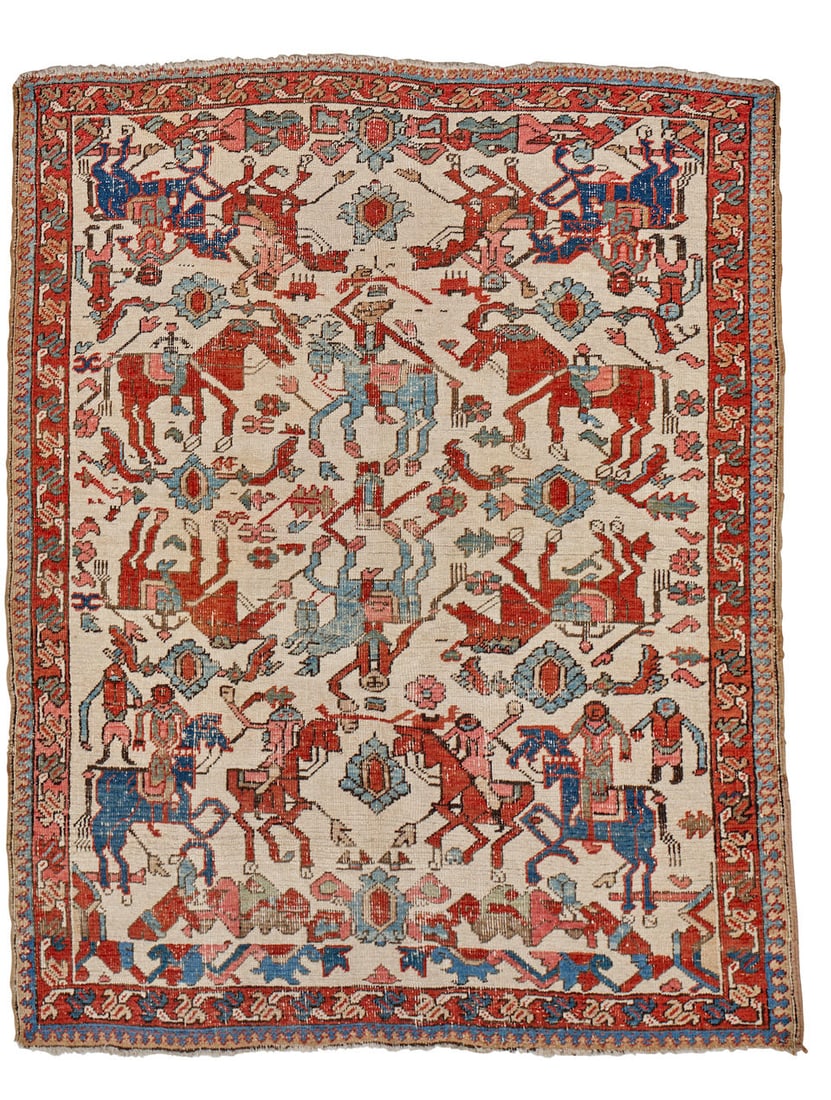 Rare Bakhshaish with Hunting or Battle Scene 4 ft. 8 in. x 5 ft. 7 in.: Rare Bakhshaish with Hunting or Battle Scene circa late 19th century, a playfully rendered Bakshaish village carpet with an ancient Northwest Persian/Transcaucasian hunting or battle design. Natural c