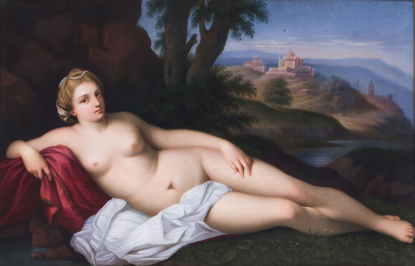 A Berlin or Dresden plaque with a resting Venus, attributed to Henry Bucker, circa 1850: A Berlin or Dresden plaque with a resting Venus, attributed to Henry Bucker, circa 1850 In a gilt wooden frame lined with red velvet, showing a reclining female nude against a rocky landscape with a c