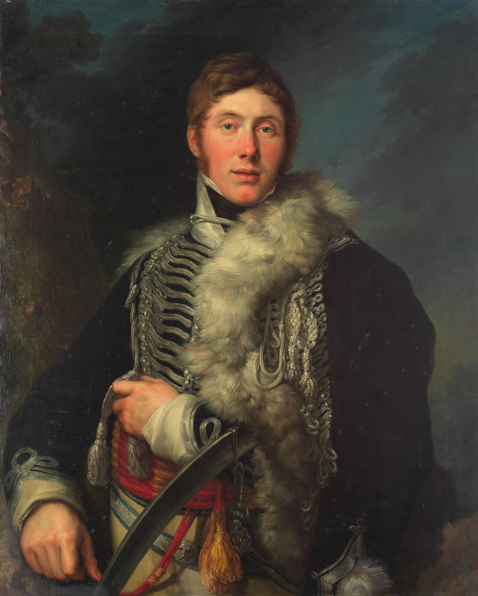 Attributed to Jacques-Laurent Agasse (Geneva 1767-1849 London) Portrait of an officer of a Briti...: Attributed to Jacques-Laurent Agasse (Geneva 1767-1849 London) Portrait of an officer of a British Hussar Regiment, three-quarter-length, in uniform oil on canvas, unlined 95.5 x 75.2cm (37 5/8 x 29 5