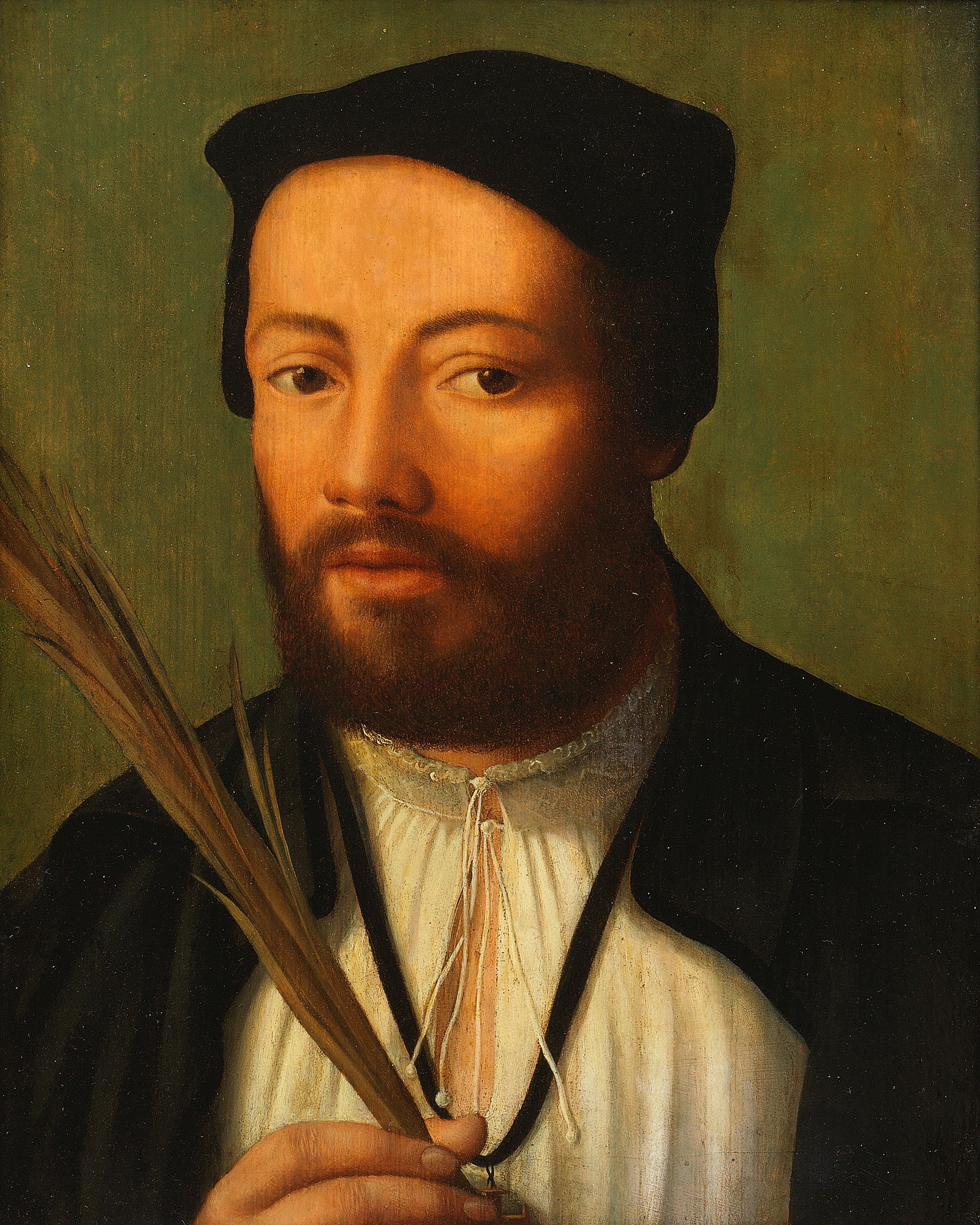Workshop of Joos van Cleve (Cleve circa 1485-circa 1540 Antwerp) Portrait of a gentleman holding...: Workshop of Joos van Cleve (Cleve circa 1485-circa 1540 Antwerp) Portrait of a gentleman holding a martyr's palm oil on panel, possibly cut down 35 x 27.5cm (13 3/4 x 10 13/16in). Footnotes:
