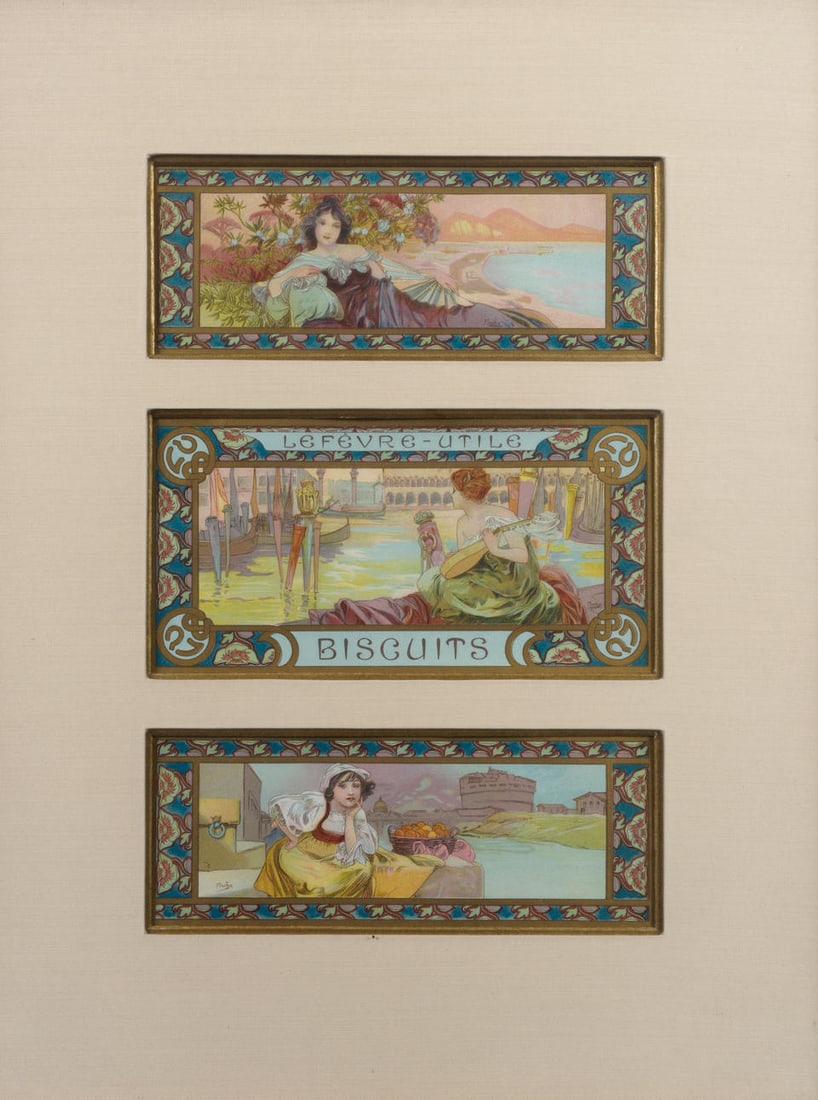 Alphonse Mucha (1860-1939); Biscuits Lefevre-Utile (Label);: Alphonse Mucha (1860-1939) Biscuits Lefevre-Utile (Label) (PAI-LXXX, 441), c. 1896 Lithograph in colors on wove paper cut into three parts, with margins, framed. overall 11 5/8 x 8 7/8in (29.5 x 22.5c