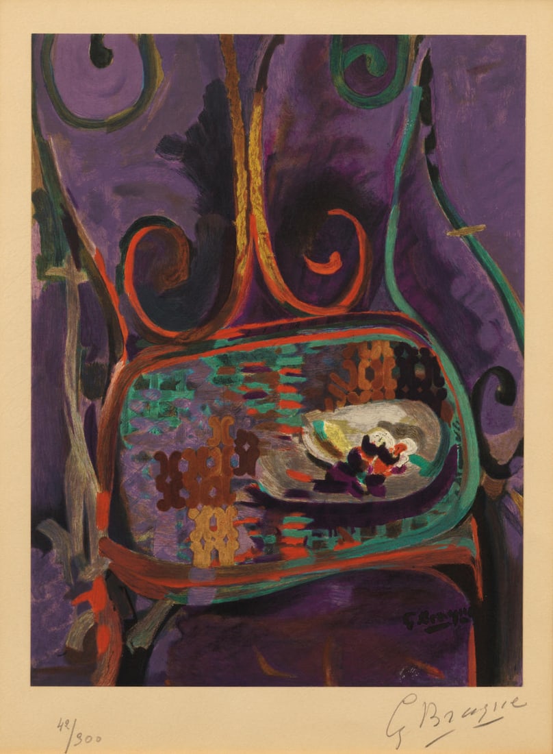 After Georges Braque (1882-1963); La Chaise;: After Georges Braque (1882-1963) La Chaise (Maeght 1046), c. 1960 Lithograph in colors on wove paper mounted to Arches paper, signed in pencil and numbered 42/300, published/printed by Maeght, Paris,