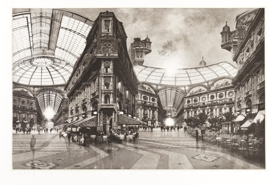 Peter Milton (born 1930); Friday's Children, from Eros Errant IV; Continuum, from Hidden Cities ...: Peter Milton (born 1930) Friday's Children, from Eros Errant IV; Continuum, from Hidden Cities III (2 works) (Milton 106; 128), 1982; 2006 Two etchings and engravings on wove and Hahnemuhle paper, eac