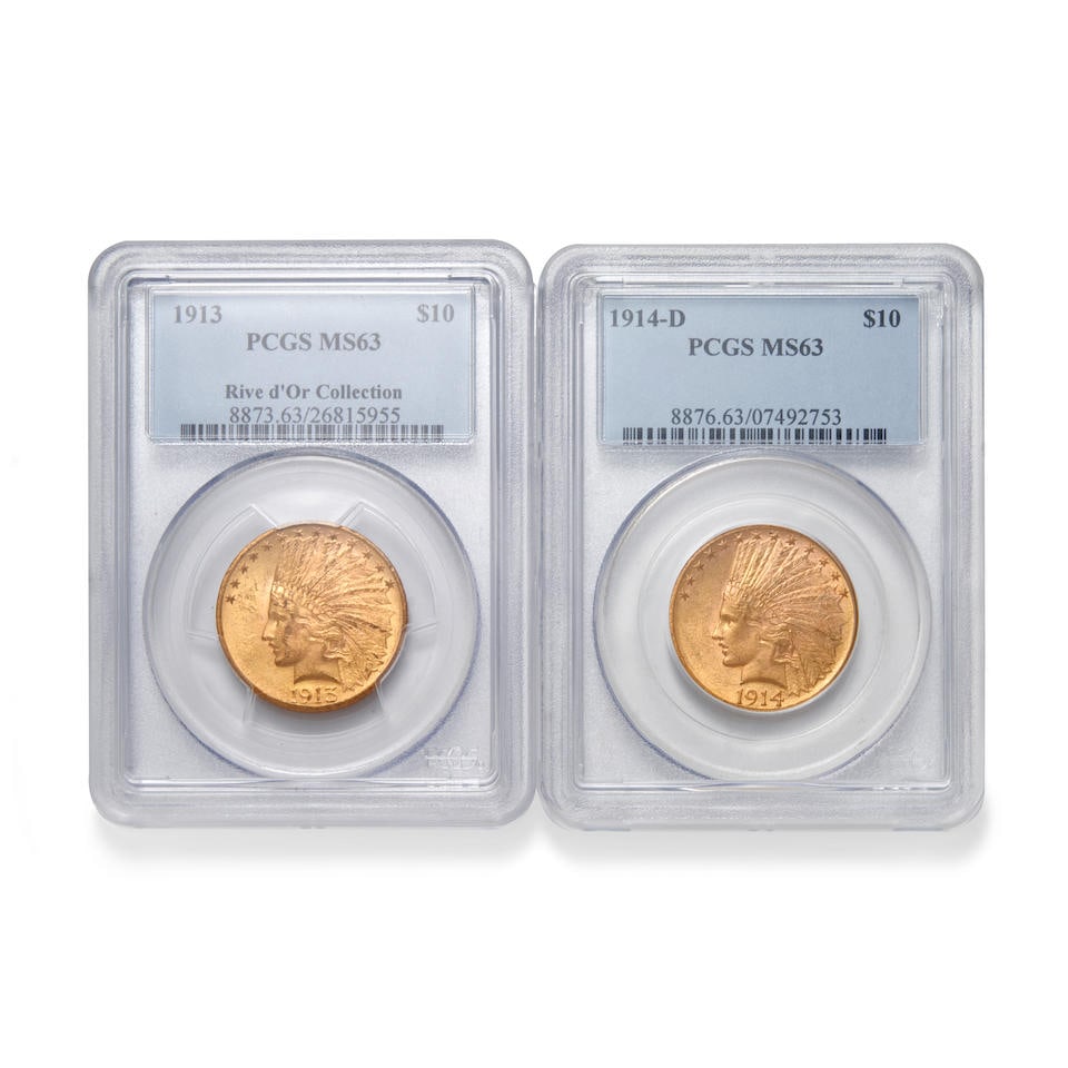 TWO UNITED STATES INDIAN HEAD $10 EAGLE GOLD COINS, PCGS MS63. (1 of 2)