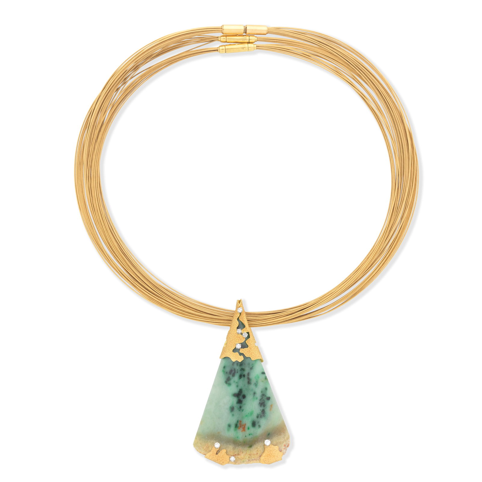 GRIMA: HARDSTONE AND DIAMOND PENDANT, (4): GRIMA: HARDSTONE AND DIAMOND PENDANT, CIRCA 1995 The serpentine drop in a textured mount of abstract form, accented by brilliant-cut diamonds, suspended from a trio of textured wire torques, pendant