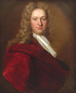 Circle of Willem Wissing (Amsterdam 1656-1687 Burghley) Portrait of a man, said to be Peter Wadd...: Circle of Willem Wissing (Amsterdam 1656-1687 Burghley) Portrait of a man, said to be Peter Waddington or Waddingham (1690-1756), in a claret coloured cloak, within a painted oval oil on canvas 71.7 x