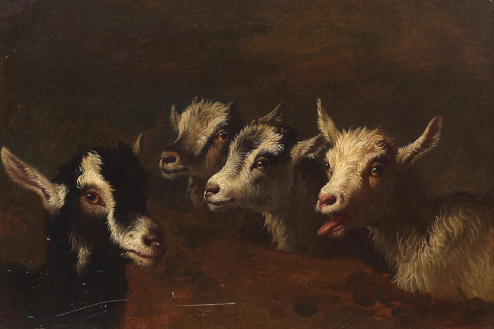 Francesco Londonio (Milan 1723-1783) Study of goats framed: 36.8 x 51.3cm: Francesco Londonio (Milan 1723-1783) Study of goats signed 'Londonio' (lower right) oil on paper laid down on board 30.2 x 44.6cm (11 7/8 x 17 9/16in). framed: 36.8 x 51.3cm For further information on