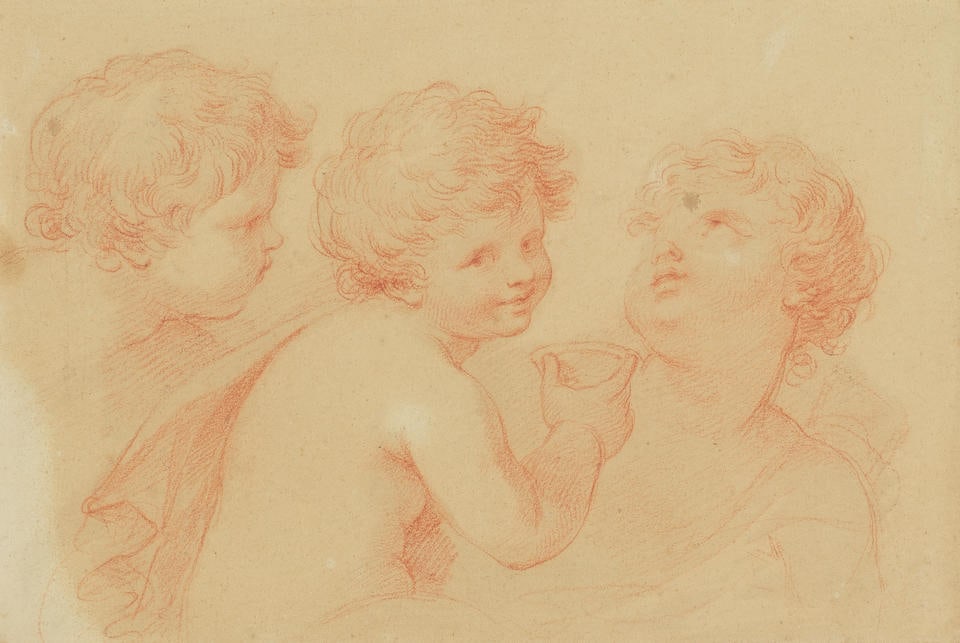 Francesco Bartolozzi R.A. (Florence 1727-1815 Lisbon) Study of three putti framed: 30.2 x 30.1cm...: Francesco Bartolozzi R.A. (Florence 1727-1815 Lisbon) Study of three putti red chalk heightened with white on laid paper 18.3 x 27cm (7 3/16 x 10 5/8in). framed: 30.2 x 30.1cm with a drawing of three