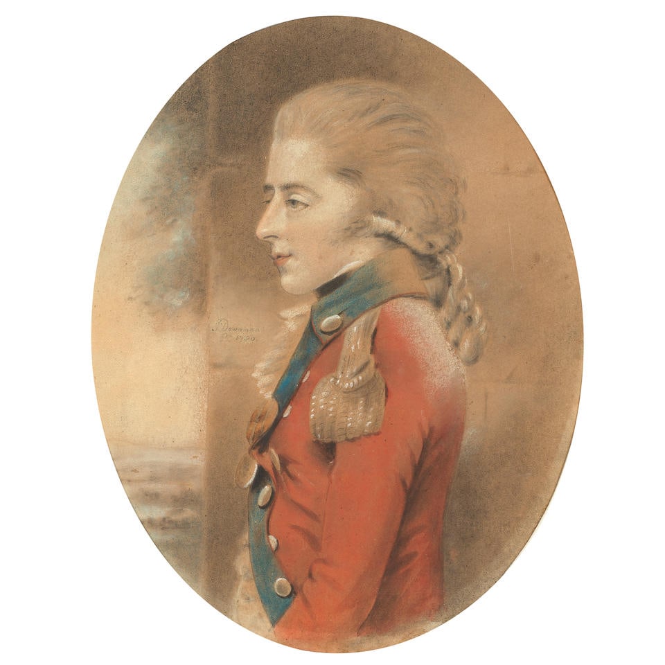 John Downman A.R.A. (Denbighshire 1750-1824 Wrexham) Portrait of an officer facing left framed: ...: John Downman A.R.A. (Denbighshire 1750-1824 Wrexham) Portrait of an officer facing left signed and dated 'J Downman/Px 1786' (centre left) pencil and watercolour with touches of white on paper laid do