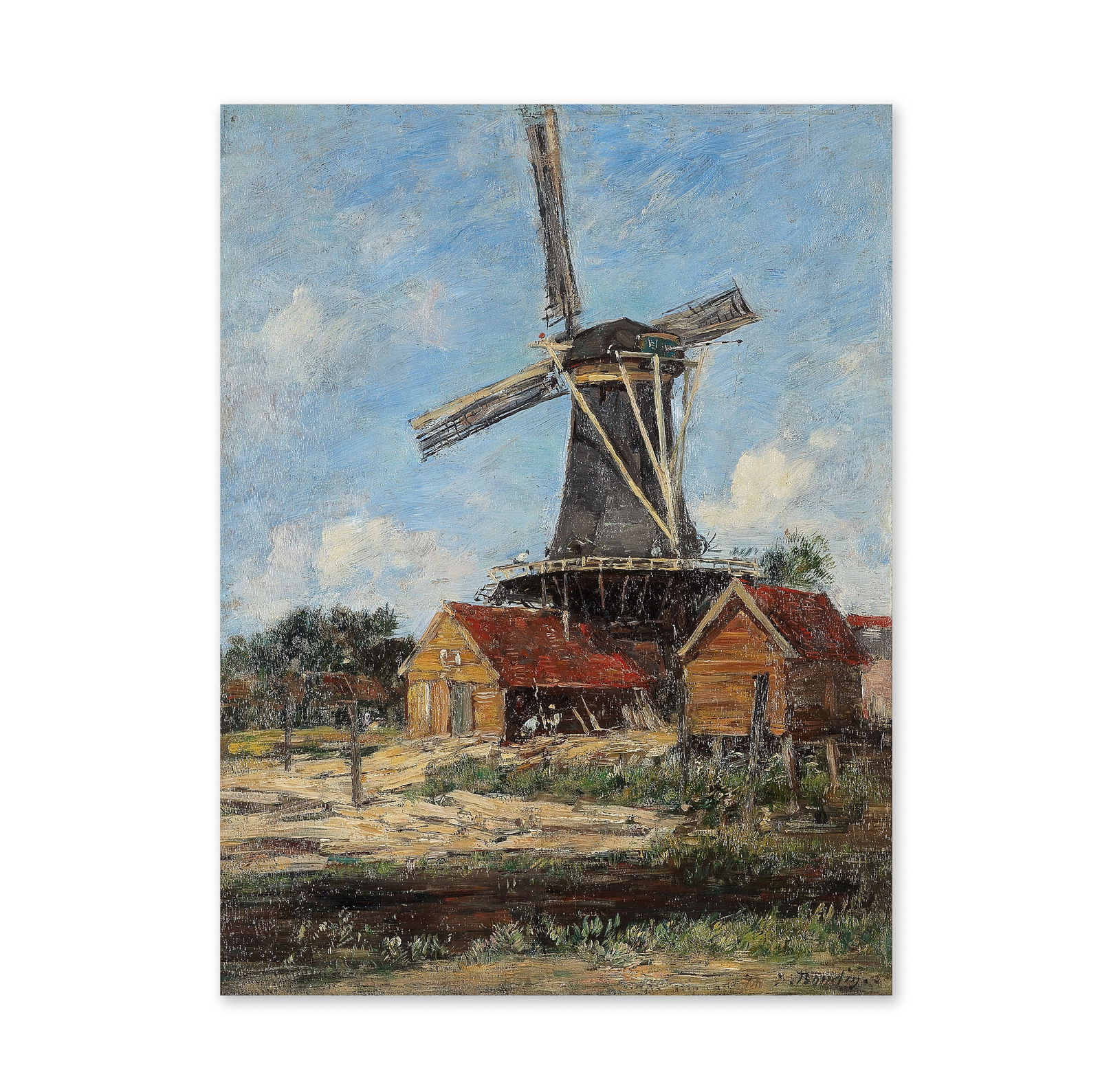 EUGÈNE BOUDIN (1824-1898) Moulin en Hollande: EUGÈNE BOUDIN (1824-1898) Moulin en Hollande signé 'E.Boudin' (en bas à droite) huile sur panneau Peint en 1880 signed 'E.Boudin' (lower right) oil on panel Painted in 1880 34.9