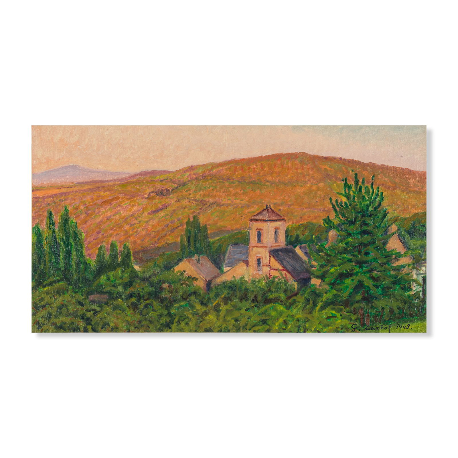 GUSTAVE CARIOT (1872-1950) Vue de ma fenêtre, le village de Georgenborn et montagne de Hans...: GUSTAVE CARIOT (1872-1950) Vue de ma fenêtre, le village de Georgenborn et montagne de Hansen-Kopf signé et daté 'G. Cariot 1947' (en bas à gauche) huile sur toile Peint en 1947 si