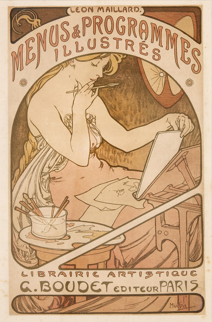 ALPHONSE MUCHA (1860-1939) MENUS & PROGRAMMES ILLUSTRÉS. Book cover.: ALPHONSE MUCHA (1860-1939) MENUS & PROGRAMMES ILLUSTRÉS. Book cover. lithographic poster in colours, 1898, printed by F. Champenois, Paris., cond. A, backed on linen, framed 12 x 7ins. (30 x 18cm