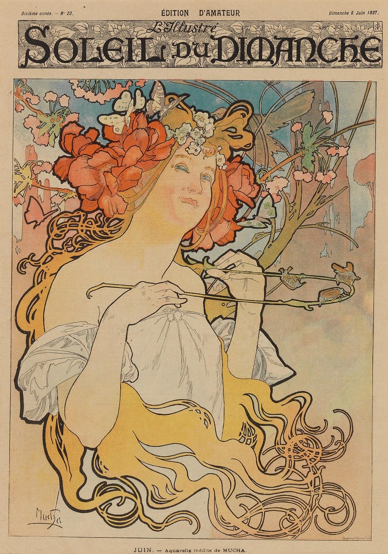 ALPHONSE MUCHA (1860-1939) SOLEIL DU DIMANCHE. L'Illustre Magazine cover: ALPHONSE MUCHA (1860-1939) SOLEIL DU DIMANCHE. L'Illustre Magazine cover lithographic poster in colours, 1897, printed by Rougeron Vignerot, Paris, cond. A, not backed, whole magazine and cover hinged