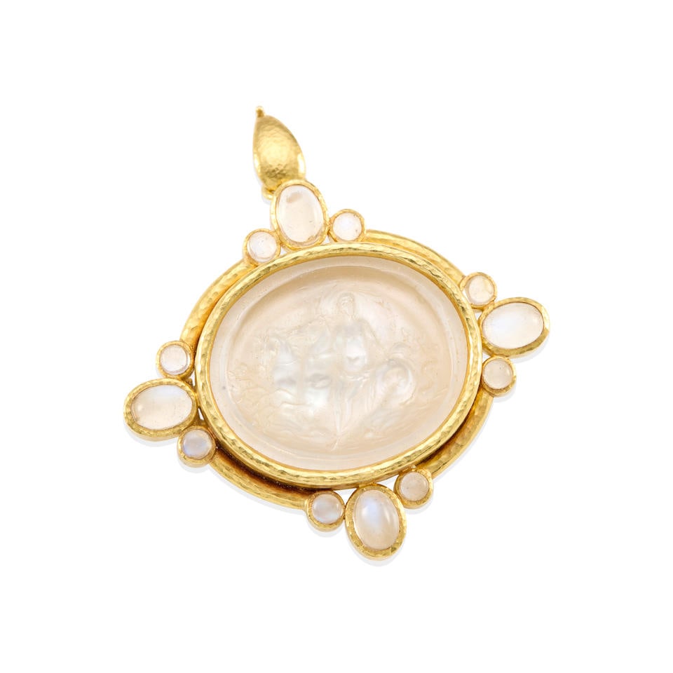 ELIZABETH LOCKE: 19K GOLD, VENETIAN GLASS, MOTHER-OF-PEARL AND MOONSTONE PENDANT BROOCH: ELIZABETH LOCKE: 19K GOLD, VENETIAN GLASS, MOTHER-OF-PEARL AND MOONSTONE PENDANT BROOCH • 19k yellow gold • One piece of Venetian glass backed with Mother-of-Pearl • 12 cabochon moon